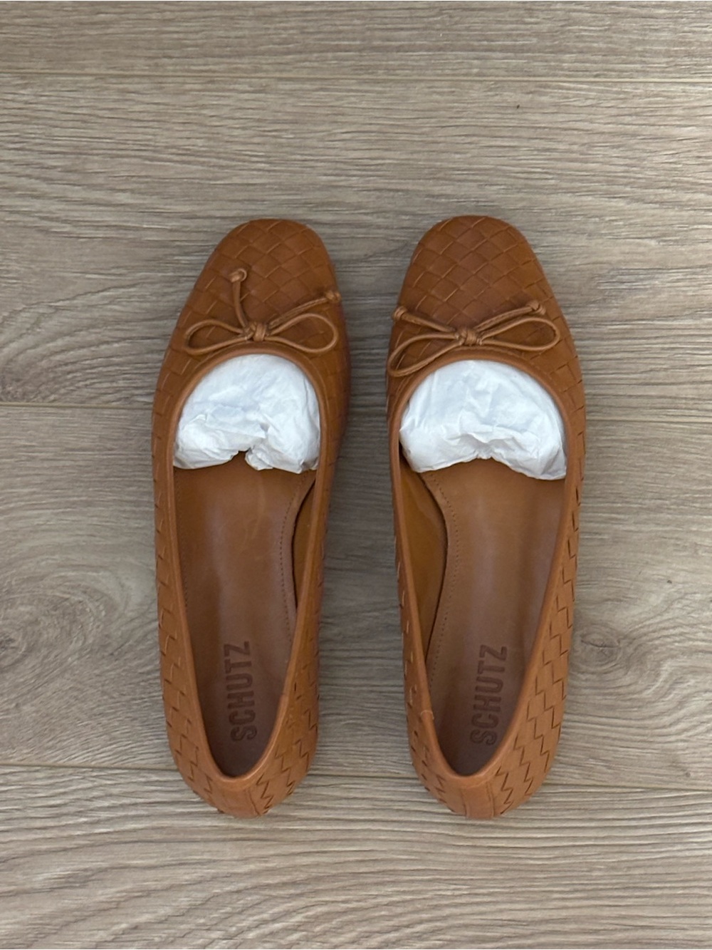 SCHUTZ Cognac Woven Leather Ballet Flats with Bow